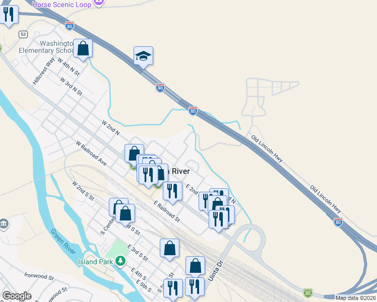 map of restaurants, bars, coffee shops, grocery stores, and more near 348 N 1st E in Green River
