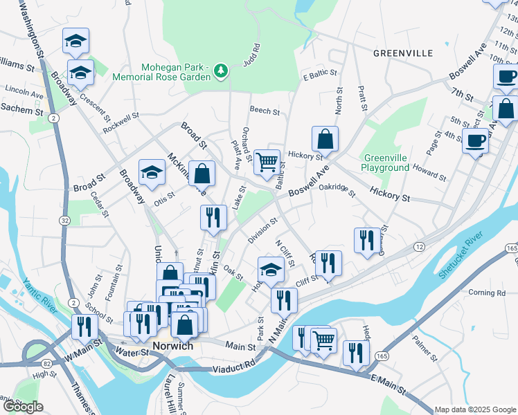 map of restaurants, bars, coffee shops, grocery stores, and more near 88 Boswell Avenue in Norwich