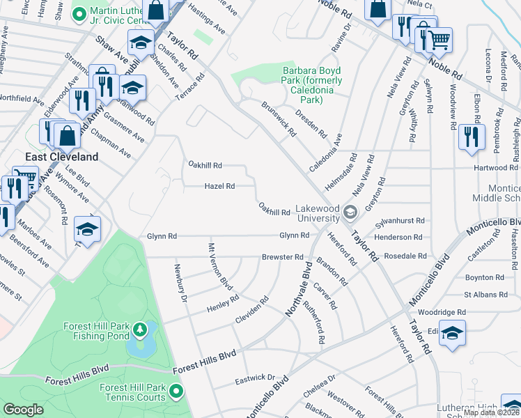 map of restaurants, bars, coffee shops, grocery stores, and more near 16210 Oakhill Road in East Cleveland