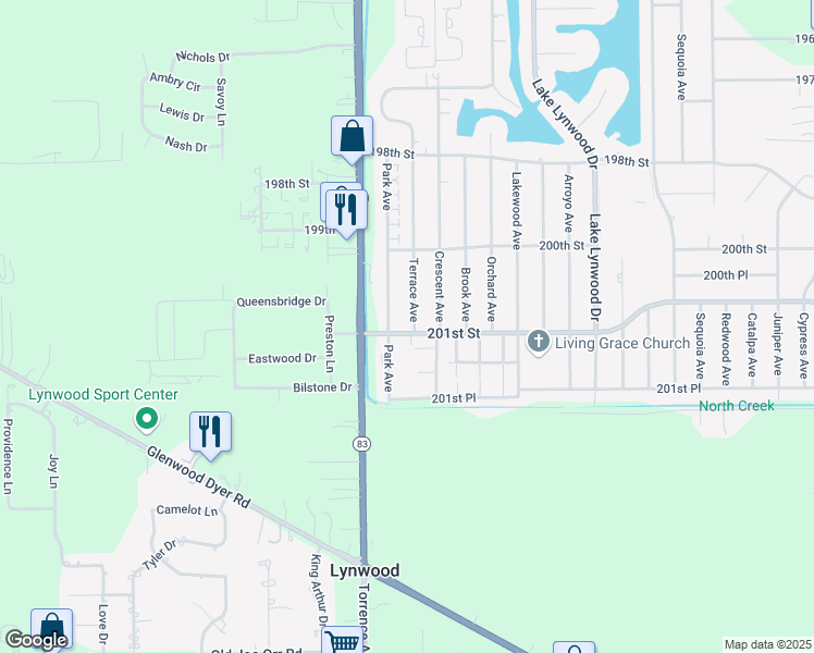 map of restaurants, bars, coffee shops, grocery stores, and more near 20084 Terrace Avenue in Lynwood