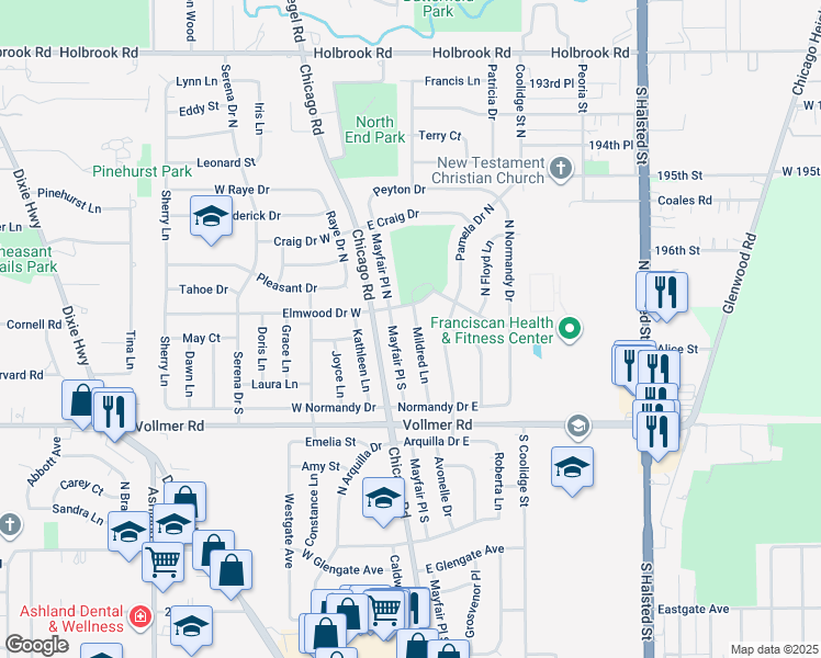 map of restaurants, bars, coffee shops, grocery stores, and more near 114 Mildred Lane in Chicago Heights