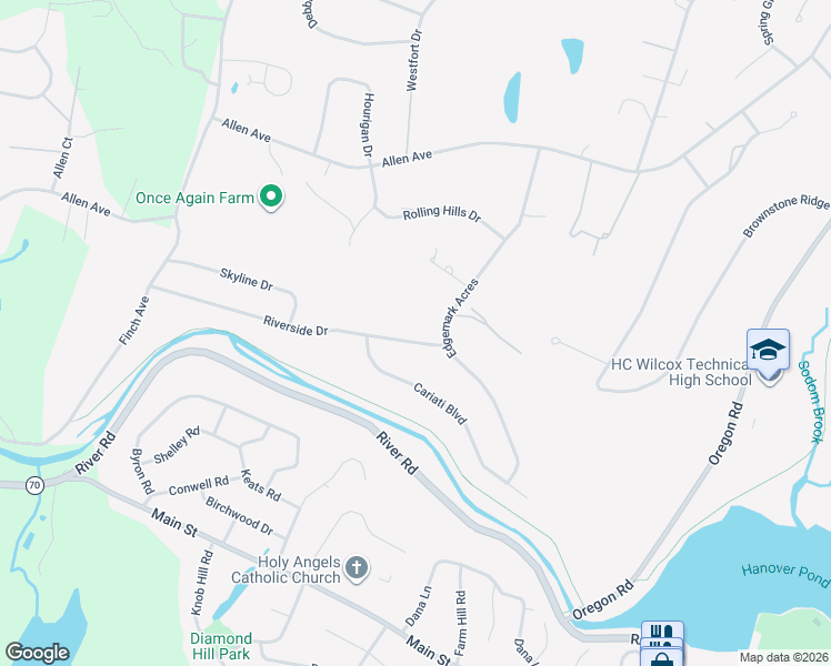 map of restaurants, bars, coffee shops, grocery stores, and more near 288 Riverside Drive in Meriden