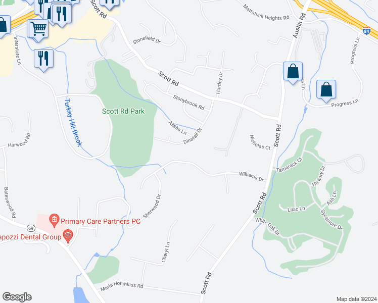 map of restaurants, bars, coffee shops, grocery stores, and more near 202 Scott Road in Waterbury