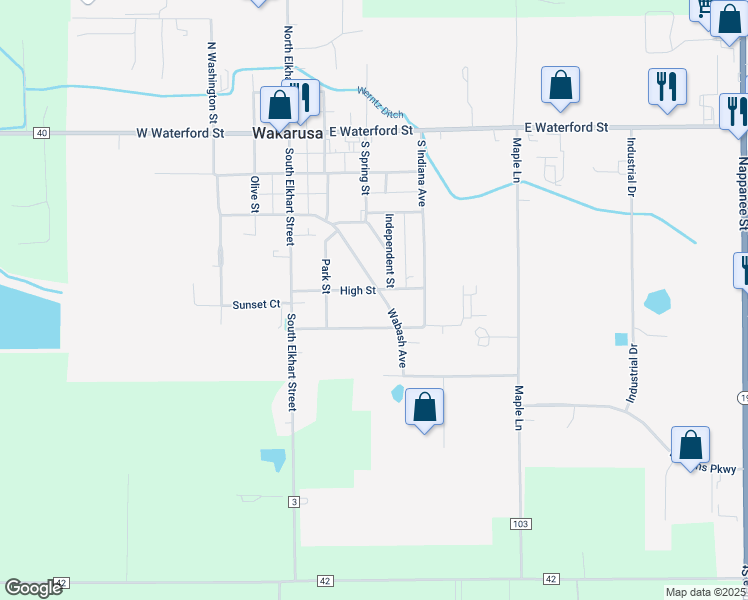 map of restaurants, bars, coffee shops, grocery stores, and more near 213 High St in Wakarusa