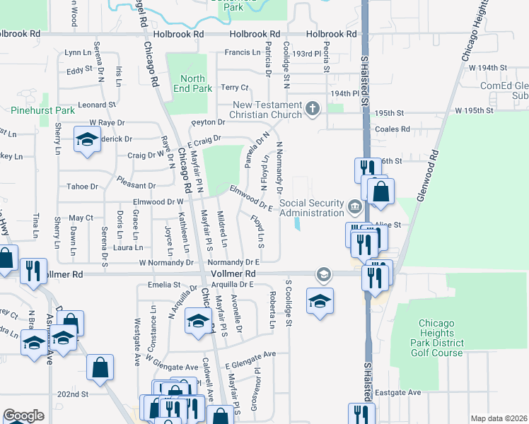 map of restaurants, bars, coffee shops, grocery stores, and more near 97 East Elmwood Drive in Chicago Heights