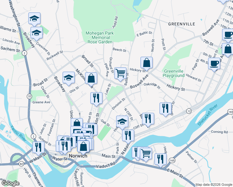 map of restaurants, bars, coffee shops, grocery stores, and more near 88 Boswell Avenue in Norwich