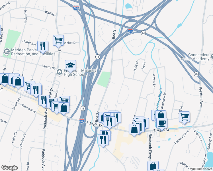 map of restaurants, bars, coffee shops, grocery stores, and more near 155 Bee Street in Meriden