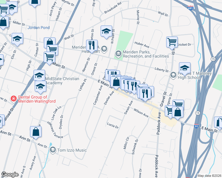 map of restaurants, bars, coffee shops, grocery stores, and more near 607 East Main Street in Meriden