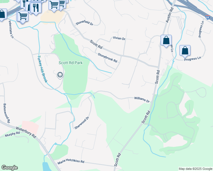 map of restaurants, bars, coffee shops, grocery stores, and more near 202 Scott Road in Waterbury