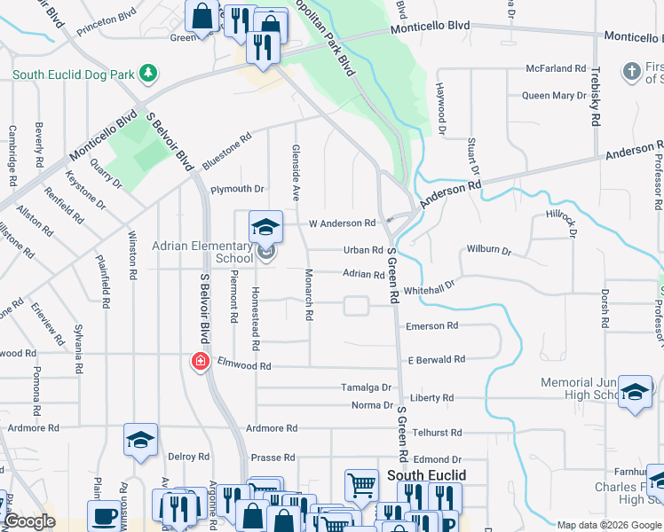 map of restaurants, bars, coffee shops, grocery stores, and more near 4357 Adrian Road in South Euclid