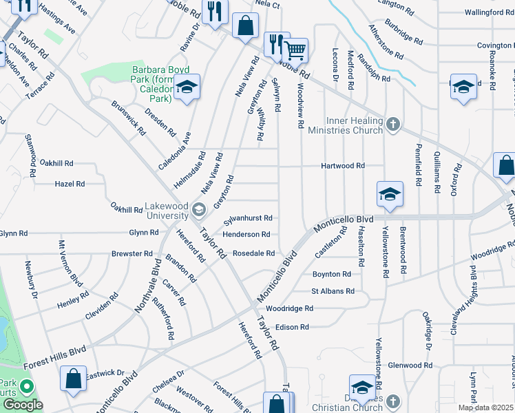 map of restaurants, bars, coffee shops, grocery stores, and more near 3391 Sylvanhurst Road in Cleveland Heights