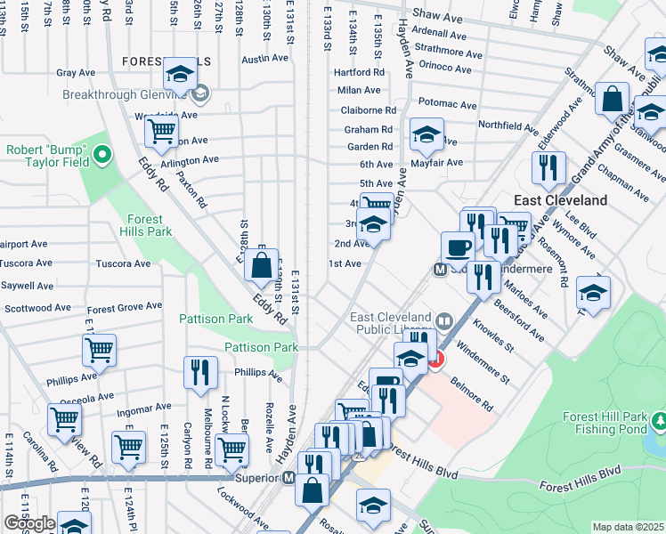 map of restaurants, bars, coffee shops, grocery stores, and more near 13318 1st Avenue in East Cleveland