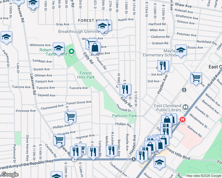 map of restaurants, bars, coffee shops, grocery stores, and more near 1025 Thornhill Drive in Cleveland