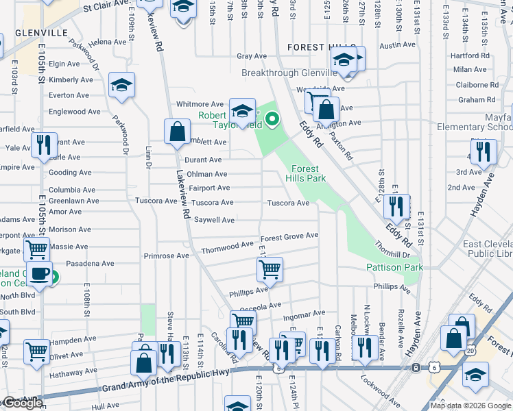 map of restaurants, bars, coffee shops, grocery stores, and more near in Cleveland