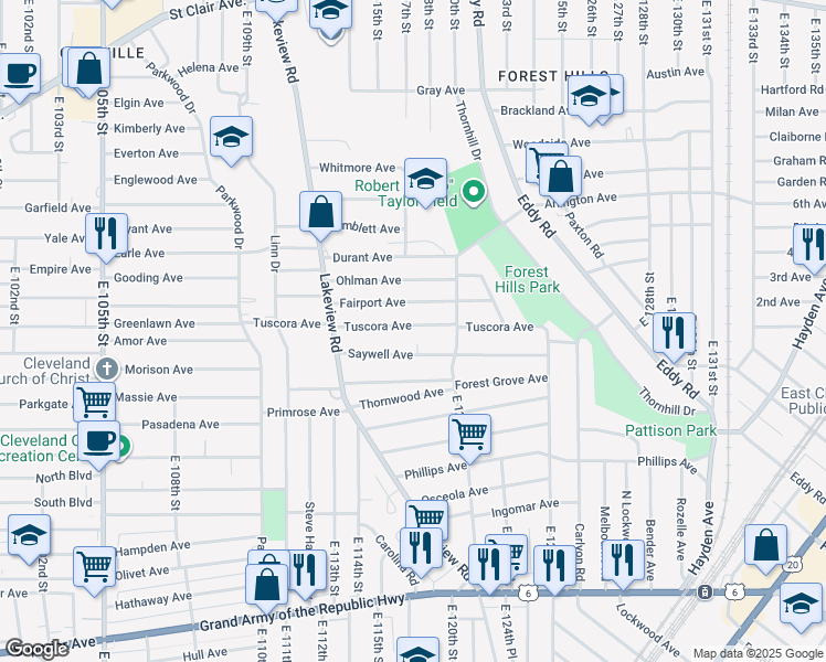 map of restaurants, bars, coffee shops, grocery stores, and more near 11706 Tuscora Avenue in Cleveland