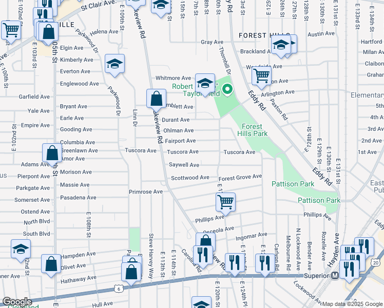 map of restaurants, bars, coffee shops, grocery stores, and more near 11514 Tuscora Avenue in Cleveland