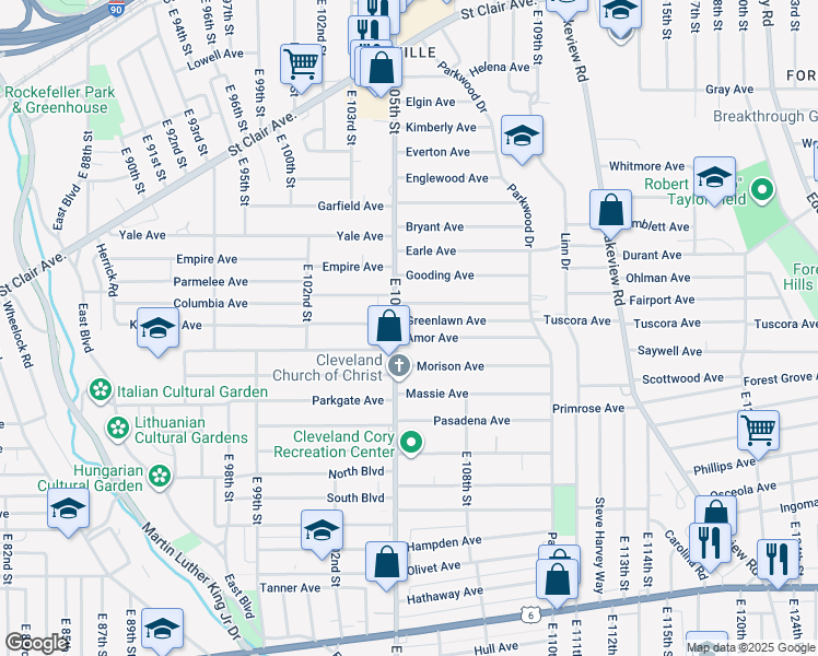 map of restaurants, bars, coffee shops, grocery stores, and more near 10509 Amor Avenue in Cleveland