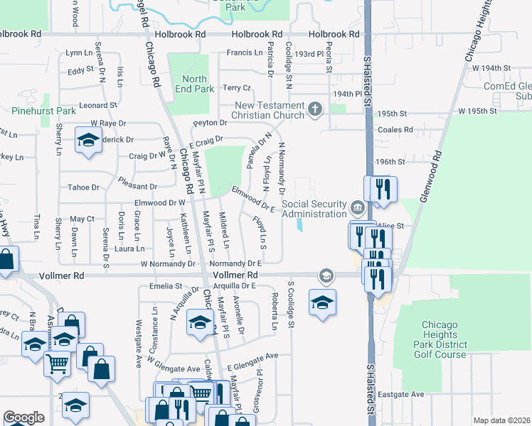 map of restaurants, bars, coffee shops, grocery stores, and more near 97 East Elmwood Drive in Chicago Heights