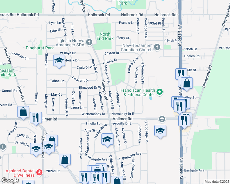 map of restaurants, bars, coffee shops, grocery stores, and more near 114 Mildred Lane in Chicago Heights