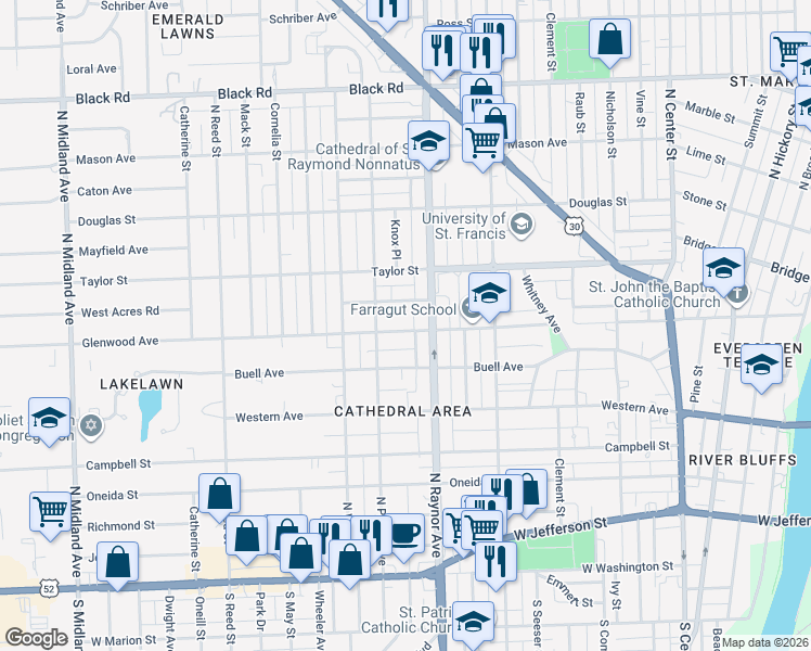 map of restaurants, bars, coffee shops, grocery stores, and more near 810 Glenwood Avenue in Joliet