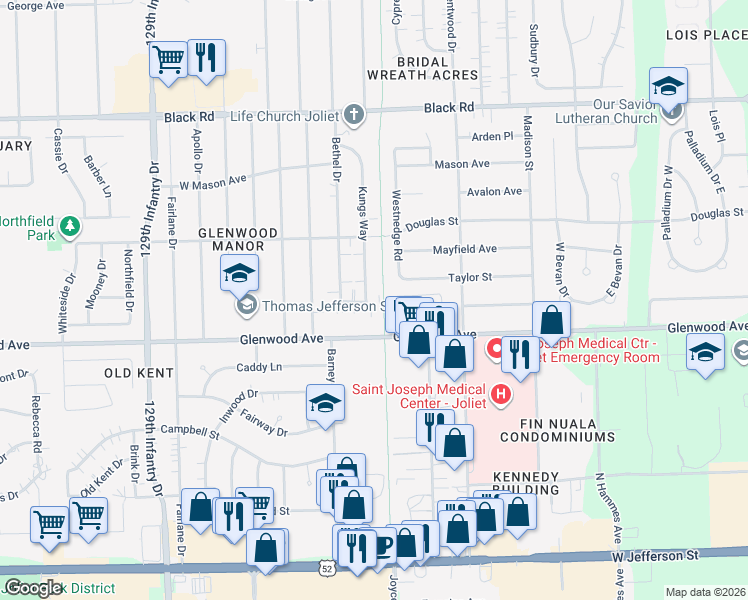 map of restaurants, bars, coffee shops, grocery stores, and more near 2422 Walsh Way in Joliet