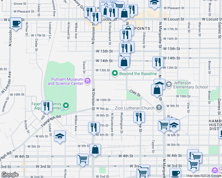 map of restaurants, bars, coffee shops, grocery stores, and more near 1539 Clay Street in Davenport