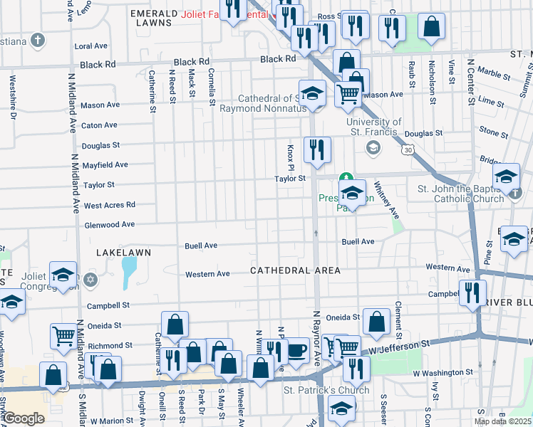 map of restaurants, bars, coffee shops, grocery stores, and more near 905 Glenwood Avenue in Joliet