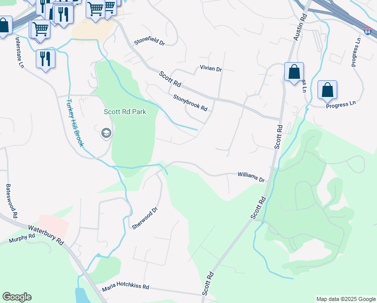 map of restaurants, bars, coffee shops, grocery stores, and more near 202 Scott Road in Waterbury