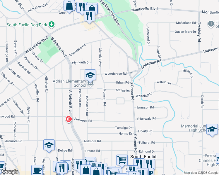 map of restaurants, bars, coffee shops, grocery stores, and more near 4357 Adrian Rd in South Euclid