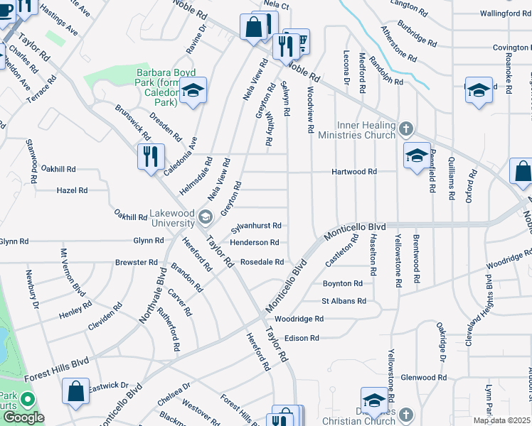 map of restaurants, bars, coffee shops, grocery stores, and more near 3391 Sylvanhurst Road in Cleveland Heights