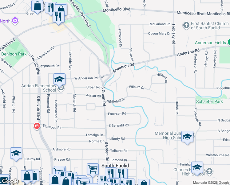 map of restaurants, bars, coffee shops, grocery stores, and more near 1038 Stonecutters Lane in South Euclid