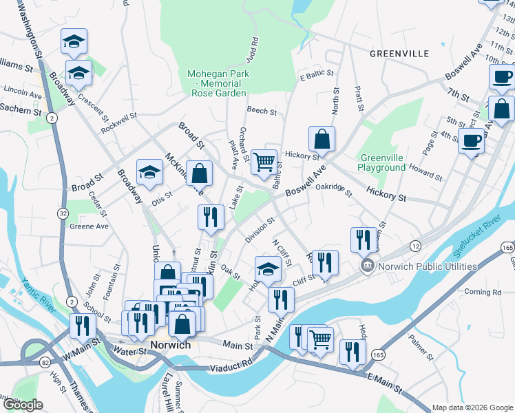 map of restaurants, bars, coffee shops, grocery stores, and more near 92 Boswell Avenue in Norwich