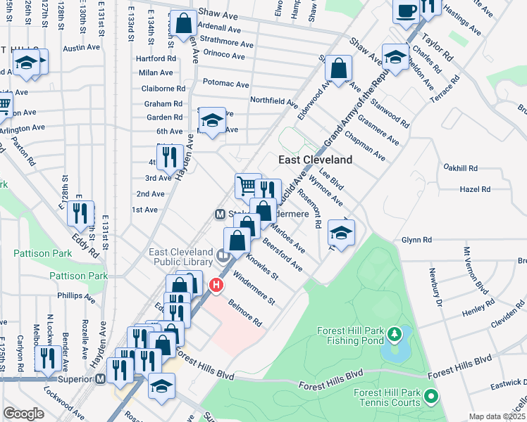 map of restaurants, bars, coffee shops, grocery stores, and more near 14221 Euclid Avenue in East Cleveland