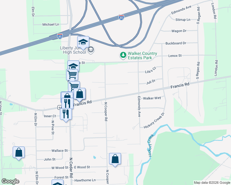 map of restaurants, bars, coffee shops, grocery stores, and more near 225 Francis Road in New Lenox