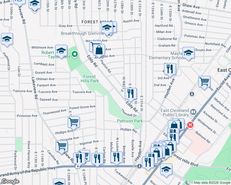 map of restaurants, bars, coffee shops, grocery stores, and more near 1025 Thornhill Drive in Cleveland