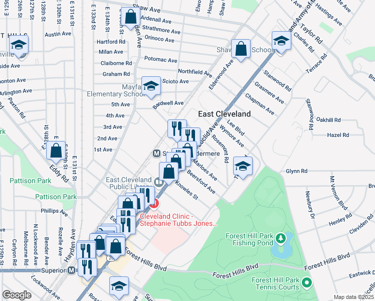 map of restaurants, bars, coffee shops, grocery stores, and more near 14221 Euclid Avenue in East Cleveland