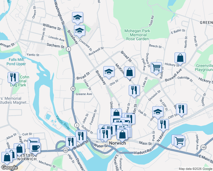 map of restaurants, bars, coffee shops, grocery stores, and more near Broadway & Union Street in Norwich