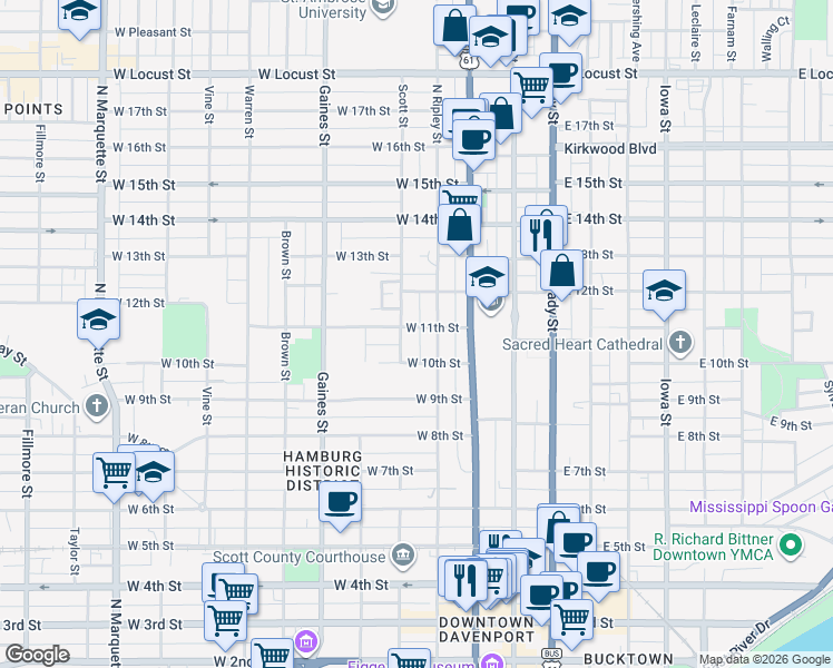 map of restaurants, bars, coffee shops, grocery stores, and more near 1020 North Ripley Street in Davenport