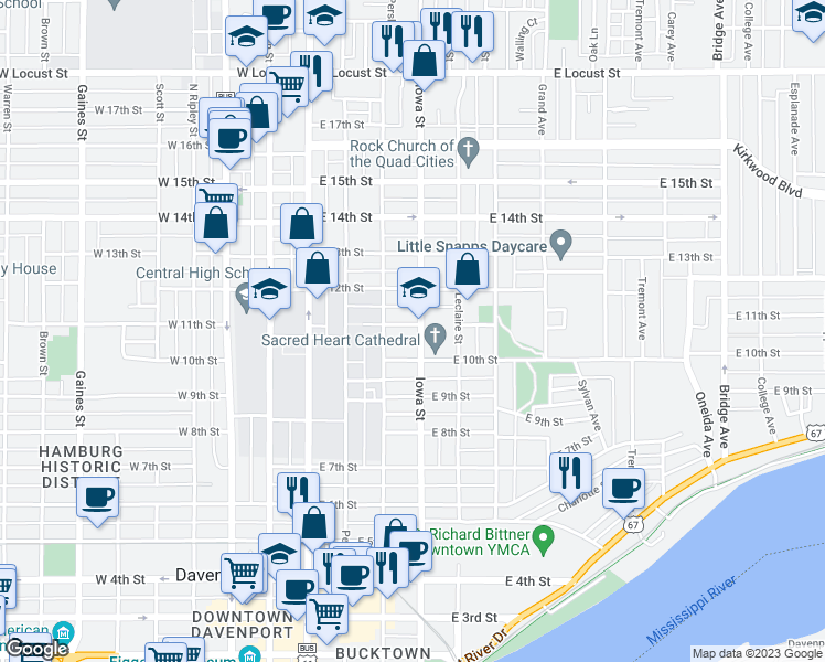 map of restaurants, bars, coffee shops, grocery stores, and more near 327 East 11th Street in Davenport