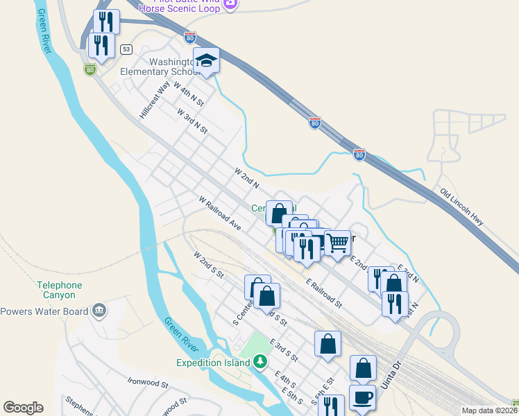 map of restaurants, bars, coffee shops, grocery stores, and more near 229 West Flaming Gorge Way in Green River