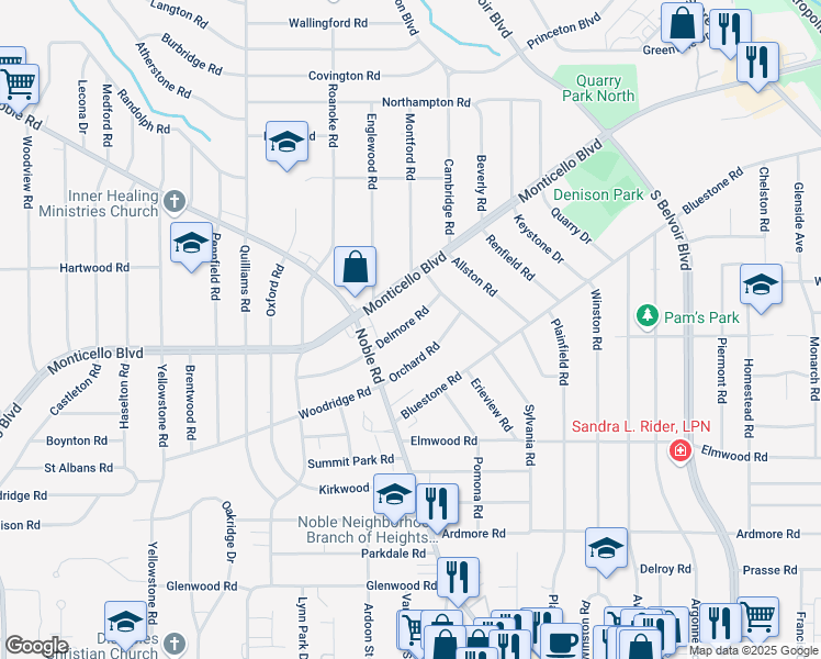 map of restaurants, bars, coffee shops, grocery stores, and more near 3948 Delmore Road in Cleveland Heights