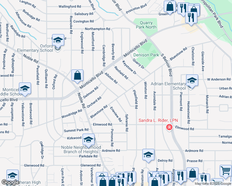 map of restaurants, bars, coffee shops, grocery stores, and more near 1111 Hillstone Road in Cleveland Heights