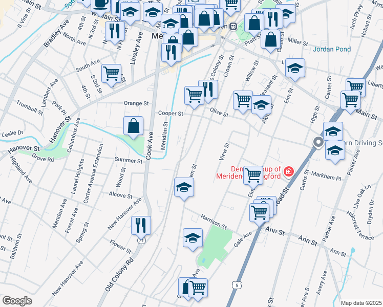 map of restaurants, bars, coffee shops, grocery stores, and more near 282 South Colony Street in Meriden