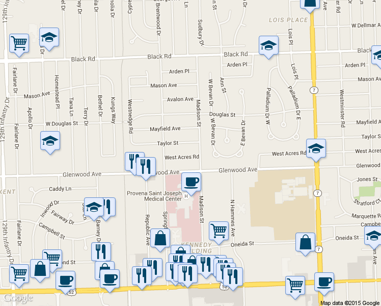 map of restaurants, bars, coffee shops, grocery stores, and more near 2209 West Acres Road in Joliet