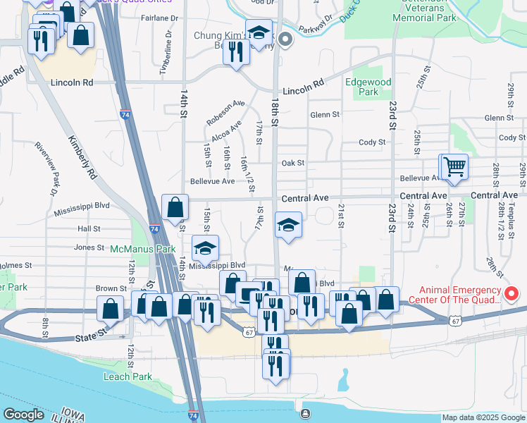 map of restaurants, bars, coffee shops, grocery stores, and more near 935 17th Street in Bettendorf