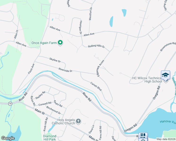 map of restaurants, bars, coffee shops, grocery stores, and more near 288 Riverside Drive in Meriden