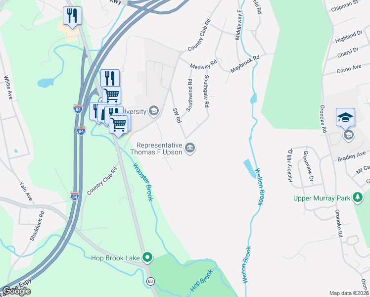 map of restaurants, bars, coffee shops, grocery stores, and more near 210 Southwest Road in Waterbury