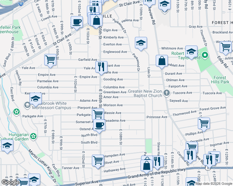 map of restaurants, bars, coffee shops, grocery stores, and more near 10623 Amor Avenue in Cleveland