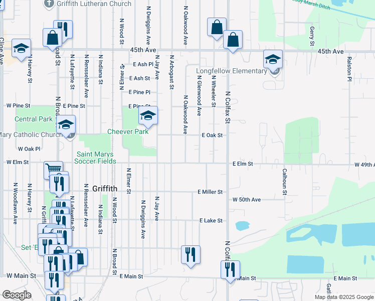 map of restaurants, bars, coffee shops, grocery stores, and more near 514 North Oakwood Avenue in Griffith