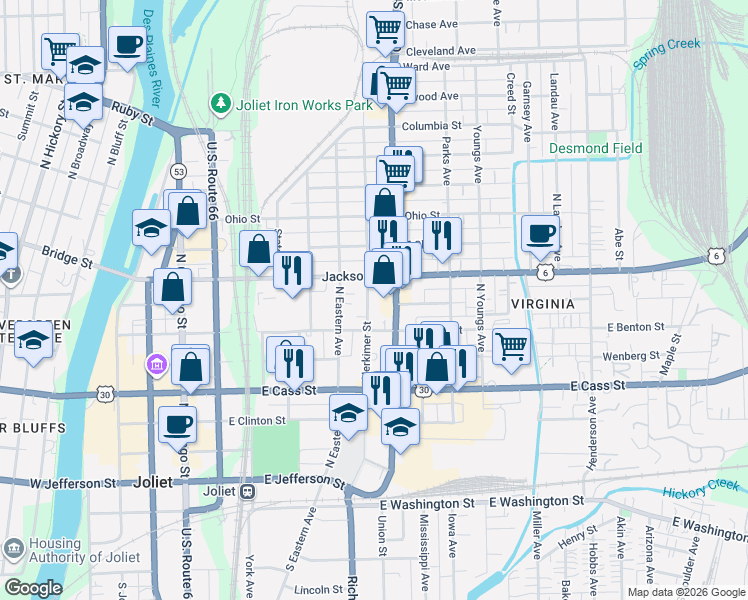 map of restaurants, bars, coffee shops, grocery stores, and more near 309 Herkimer Street in Joliet